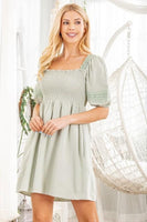 Dusty Mint Puffy Sleeve Lace Trimmed Square Neck Dress