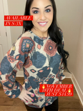 S-3X - Puff Sleeve Aztec Print Round Neck Long Sleeve Top