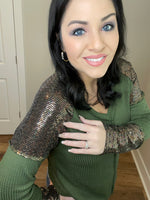 M-3X Olive Sequin Long Sleeve Thermal Top