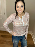 S-3X Mauve Aztec Snap Button Long Sleeve Top