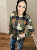 S-3X Olive Plaid Balloon Sleeve Top