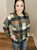 S-3X Olive Plaid Balloon Sleeve Top