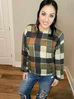 S-3X Olive Plaid Balloon Sleeve Top