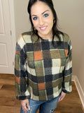 S-3X Olive Plaid Balloon Sleeve Top