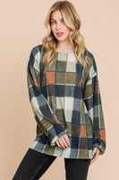 S-3X Olive Plaid Balloon Sleeve Top