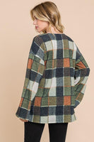 S-3X Olive Plaid Balloon Sleeve Top