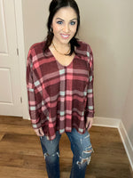 S-3X Burgundy Plaid Oversized Dolman Top