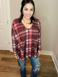 S-3X Burgundy Plaid Oversized Dolman Top