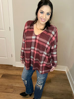 S-3X Burgundy Plaid Oversized Dolman Top