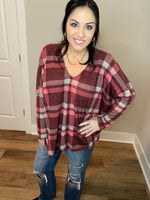 S-3X Burgundy Plaid Oversized Dolman Top