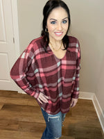 S-3X Burgundy Plaid Oversized Dolman Top