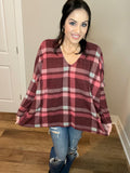 S-3X Burgundy Plaid Oversized Dolman Top