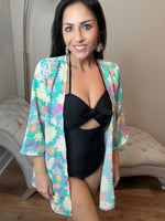 S-3X Mint Floral Quarter Sleeve Open Cardigan