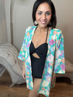 S-3X Mint Floral Quarter Sleeve Open Cardigan