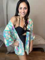 S-3X Mint Floral Quarter Sleeve Open Cardigan