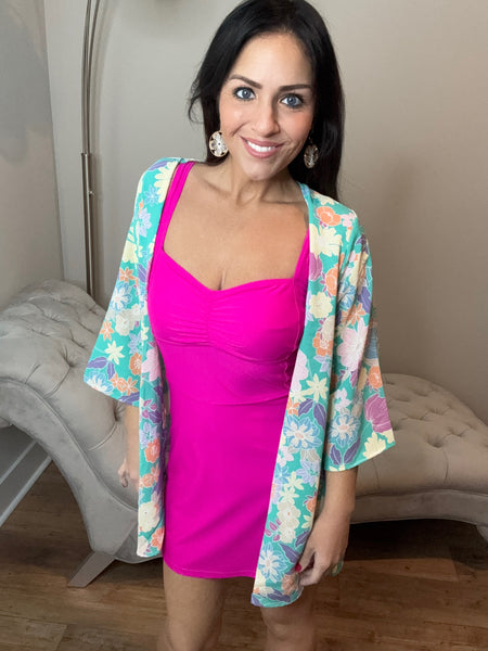 S-3X Mint Floral Quarter Sleeve Open Cardigan