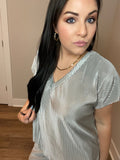 M L Silver Satin V-Neck Casual Lounge Top