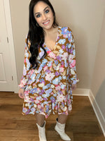 S-3X Long Sleeve Floral V-Neck Babydoll Dress