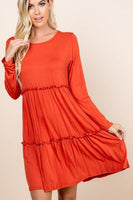 S-3X Long Sleeve Rust Ruffled Tiered Dress