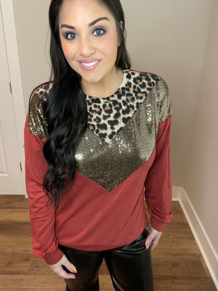 S-3X Dark Mauve Sequin Leopard Chevron Pattern Long Sleeve Top