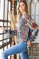 S-3X - Puff Sleeve Aztec Print Round Neck Long Sleeve Top