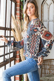 S-3X - Puff Sleeve Aztec Print Round Neck Long Sleeve Top