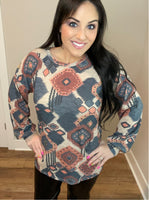 S-3X - Puff Sleeve Aztec Print Round Neck Long Sleeve Top