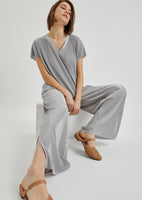 M-2X Silver Satin V-Neck Casual Lounge Top