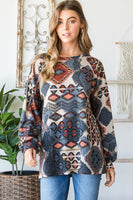 S-3X - Puff Sleeve Aztec Print Round Neck Long Sleeve Top