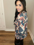 S-3X - Puff Sleeve Aztec Print Round Neck Long Sleeve Top