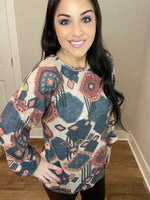 S-3X - Puff Sleeve Aztec Print Round Neck Long Sleeve Top