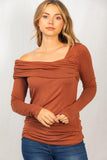 S-XL Ruched Off One Shoulder Long Sleeve Top