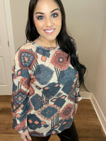 S-3X - Puff Sleeve Aztec Print Round Neck Long Sleeve Top