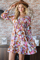 S-3X Long Sleeve Floral V-Neck Babydoll Dress