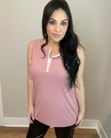 S-3X Mauve Henley Snap Button Tank Top