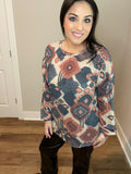 S-3X - Puff Sleeve Aztec Print Round Neck Long Sleeve Top