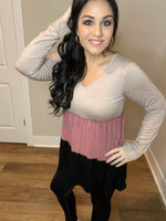 S-3X Color Block Long Sleeve 3 Tiered Top