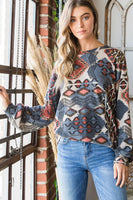 S-3X - Puff Sleeve Aztec Print Round Neck Long Sleeve Top