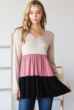 S-3X Color Block Long Sleeve 3 Tiered Top