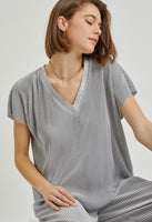 M-2X Silver Satin V-Neck Casual Lounge Top