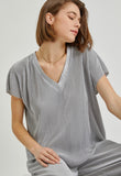 M L Silver Satin V-Neck Casual Lounge Top