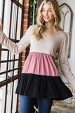 S-3X Color Block Long Sleeve 3 Tiered Top