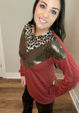 Dark Mauve Sequin Leopard Chevron Pattern Long Sleeve Top