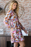 S-3X Long Sleeve Floral V-Neck Babydoll Dress