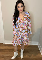 S-3X Long Sleeve Floral V-Neck Babydoll Dress