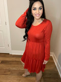 S-3X Long Sleeve Rust Ruffled Tiered Dress