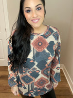 S-3X - Puff Sleeve Aztec Print Round Neck Long Sleeve Top