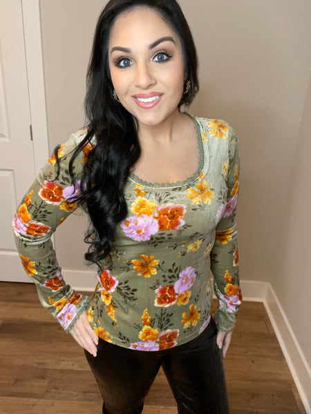 S-XL Floral Velvet Long Sleeve Top