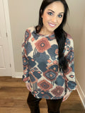 S-3X - Puff Sleeve Aztec Print Round Neck Long Sleeve Top