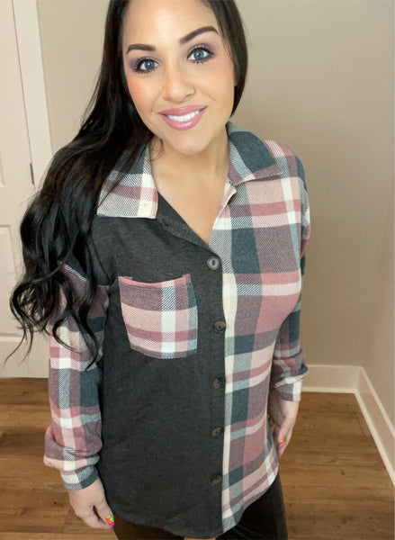 S 3X - Mauve Plaid Button Down Shacket